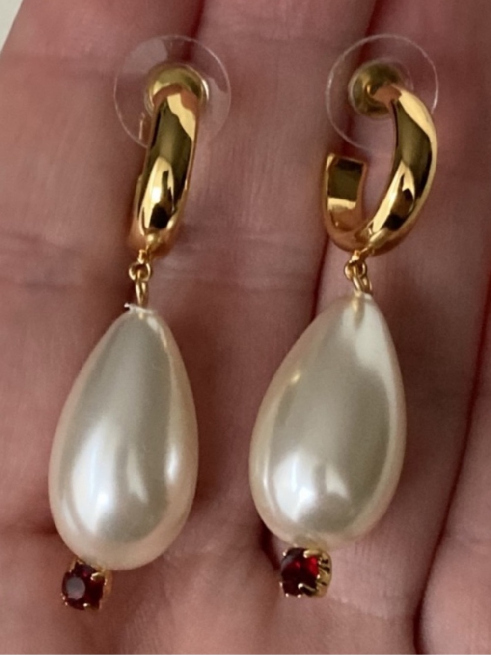 Gold Hoop Earrings with Ivory Teardrop Pearls and Red Accent